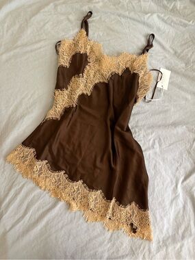 Satin Lace-Trim Chemise in Brown and Beige